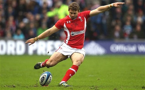 Taking a punt | Leigh Halfpenny kicks a penalty for Wales in one of 23 points he scored at Murrayfield. (Image | The Telegraph)